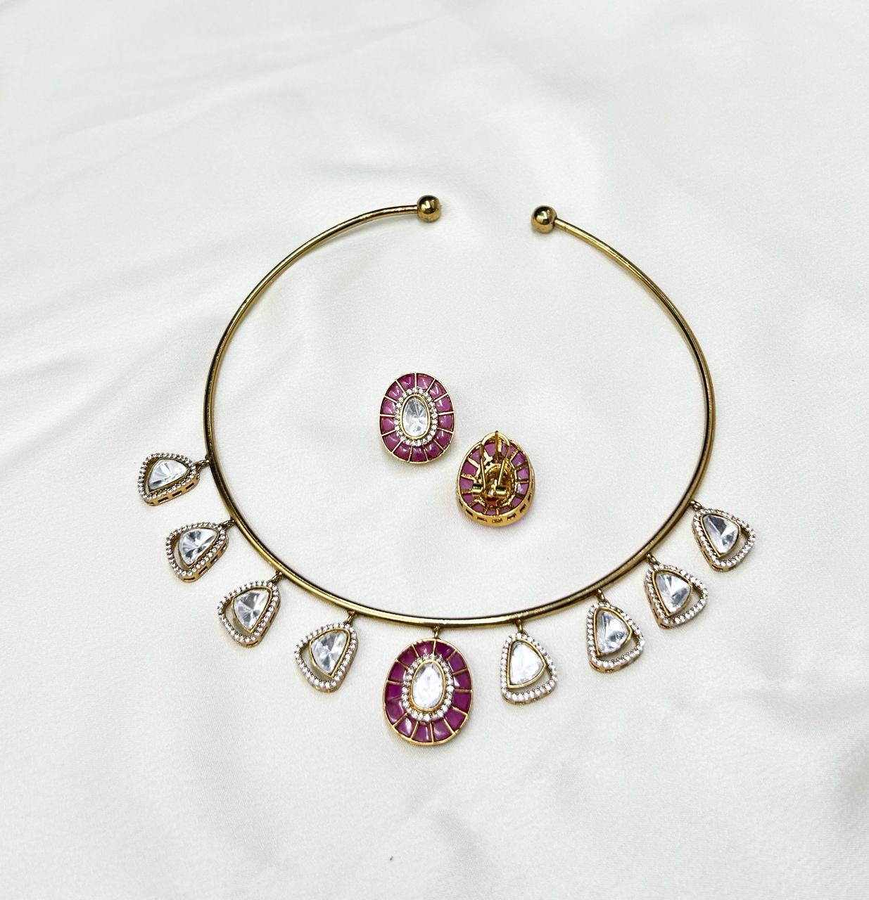 Karishma Polki Kundan Collar Choker Set with Colored Stones - QUEENS JEWELS