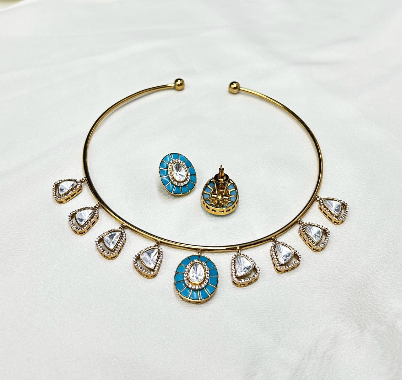 Karishma Polki Kundan Collar Choker Set with Colored Stones - QUEENS JEWELS