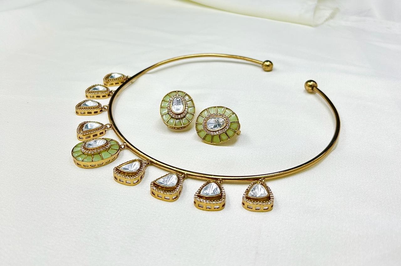 Karishma Polki Kundan Collar Choker Set with Colored Stones - QUEENS JEWELS