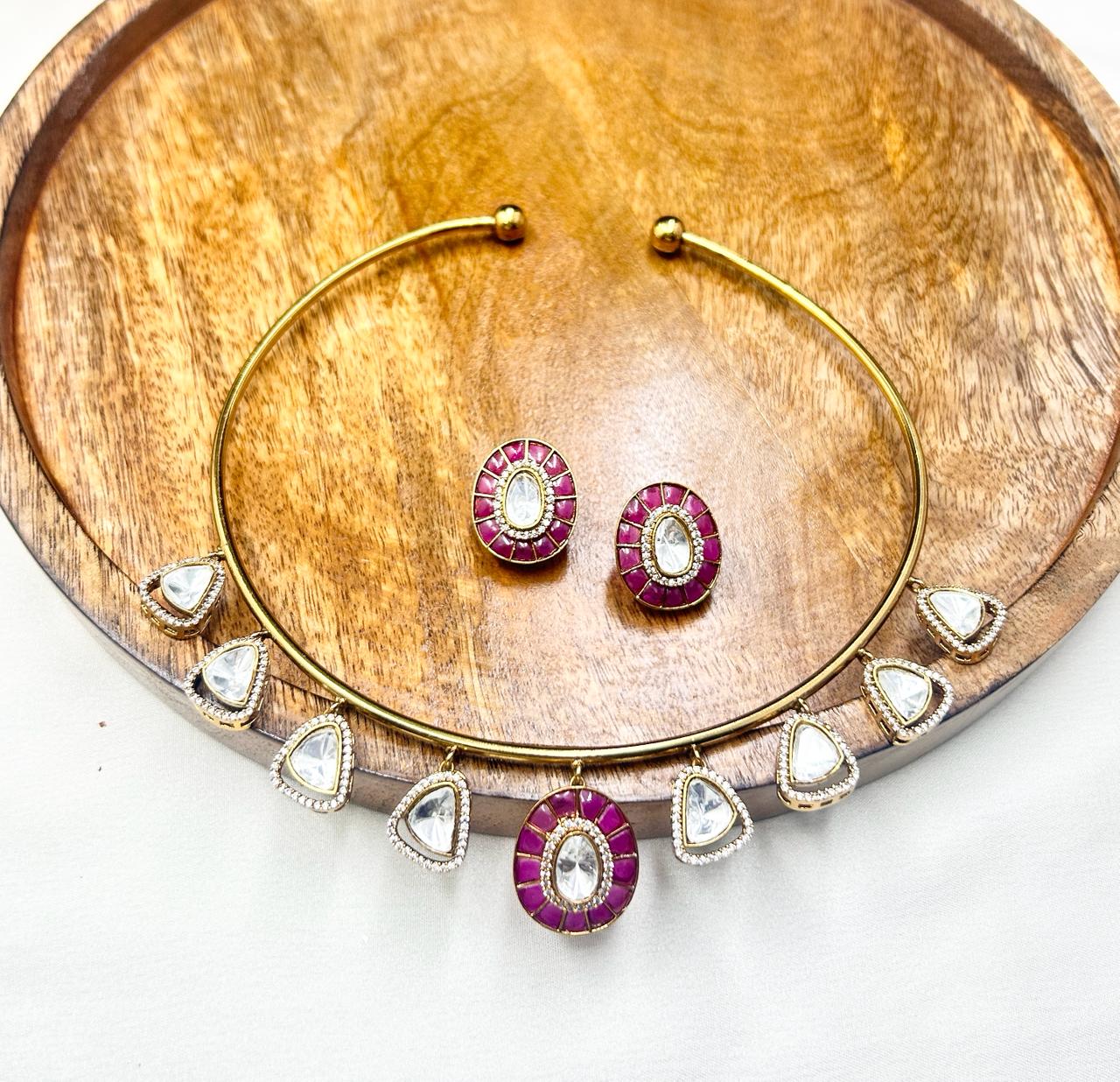 Karishma Polki Kundan Collar Choker Set with Colored Stones - QUEENS JEWELS