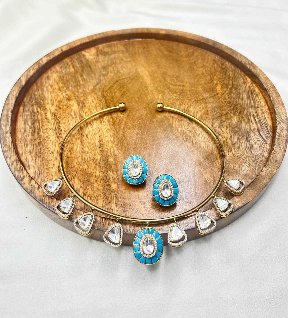Karishma Polki Kundan Collar Choker Set with Colored Stones - QUEENS JEWELS