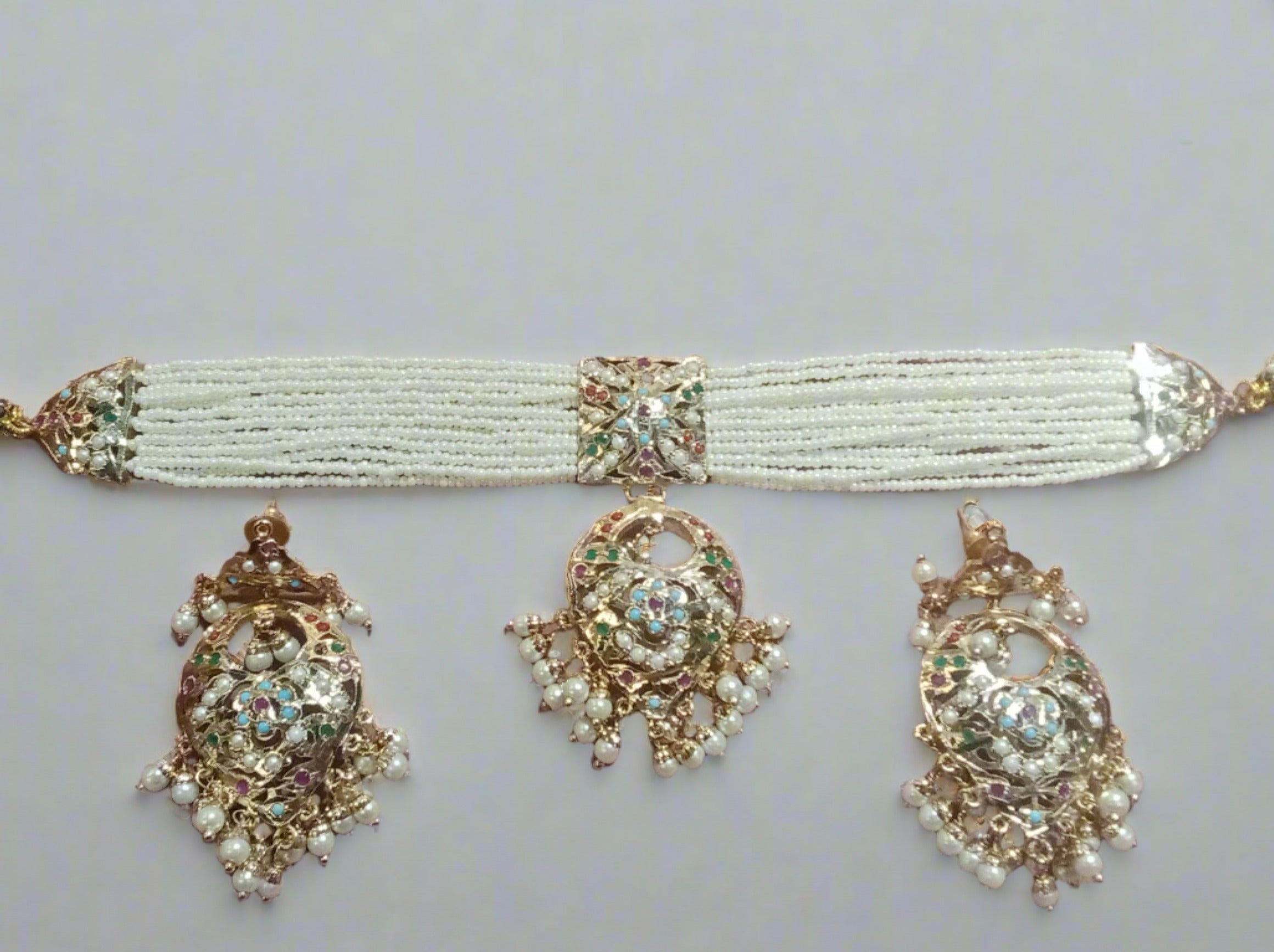 Exquisite Jadau Choker Set - with Earrings - QUEENS JEWELS