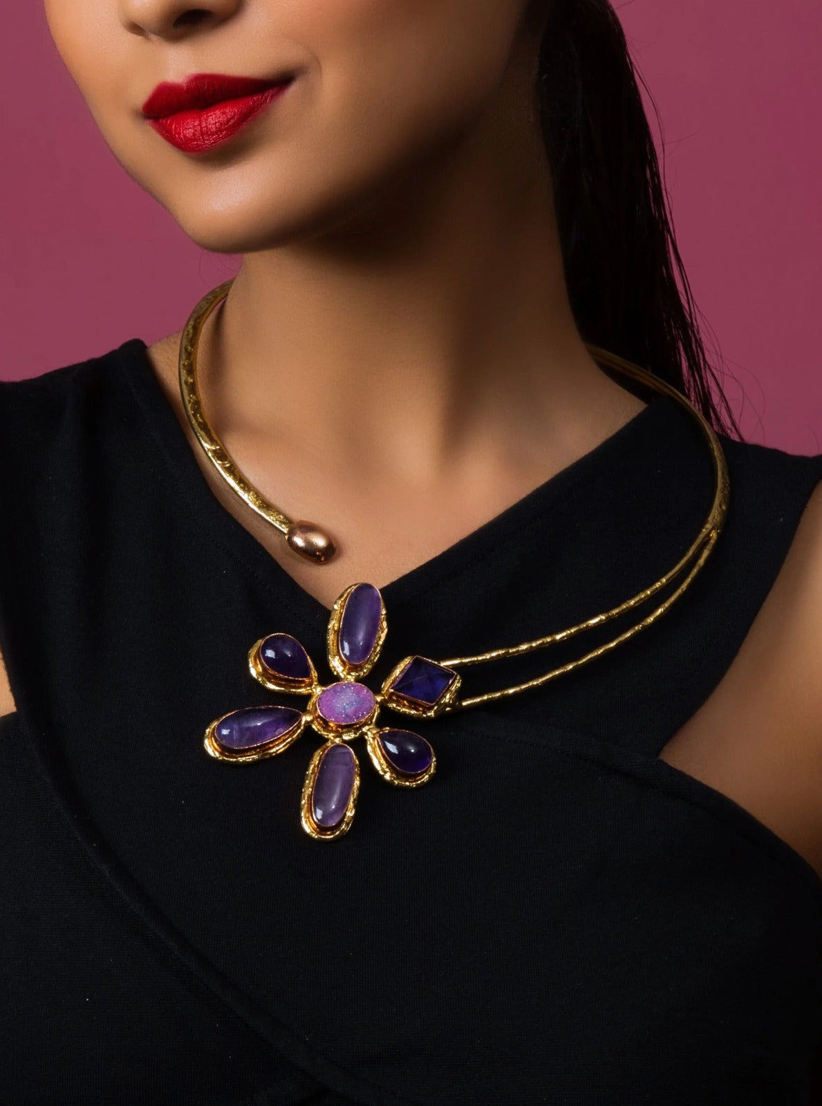 Floral Semi Precious Amethyst Necklace - Adjustable - QUEENS JEWELS