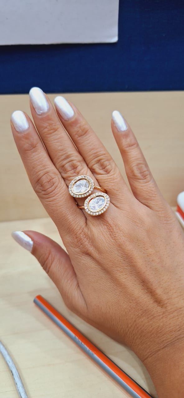 Double Kundan Gold Plated Ring - Adjustable - QUEENS JEWELS
