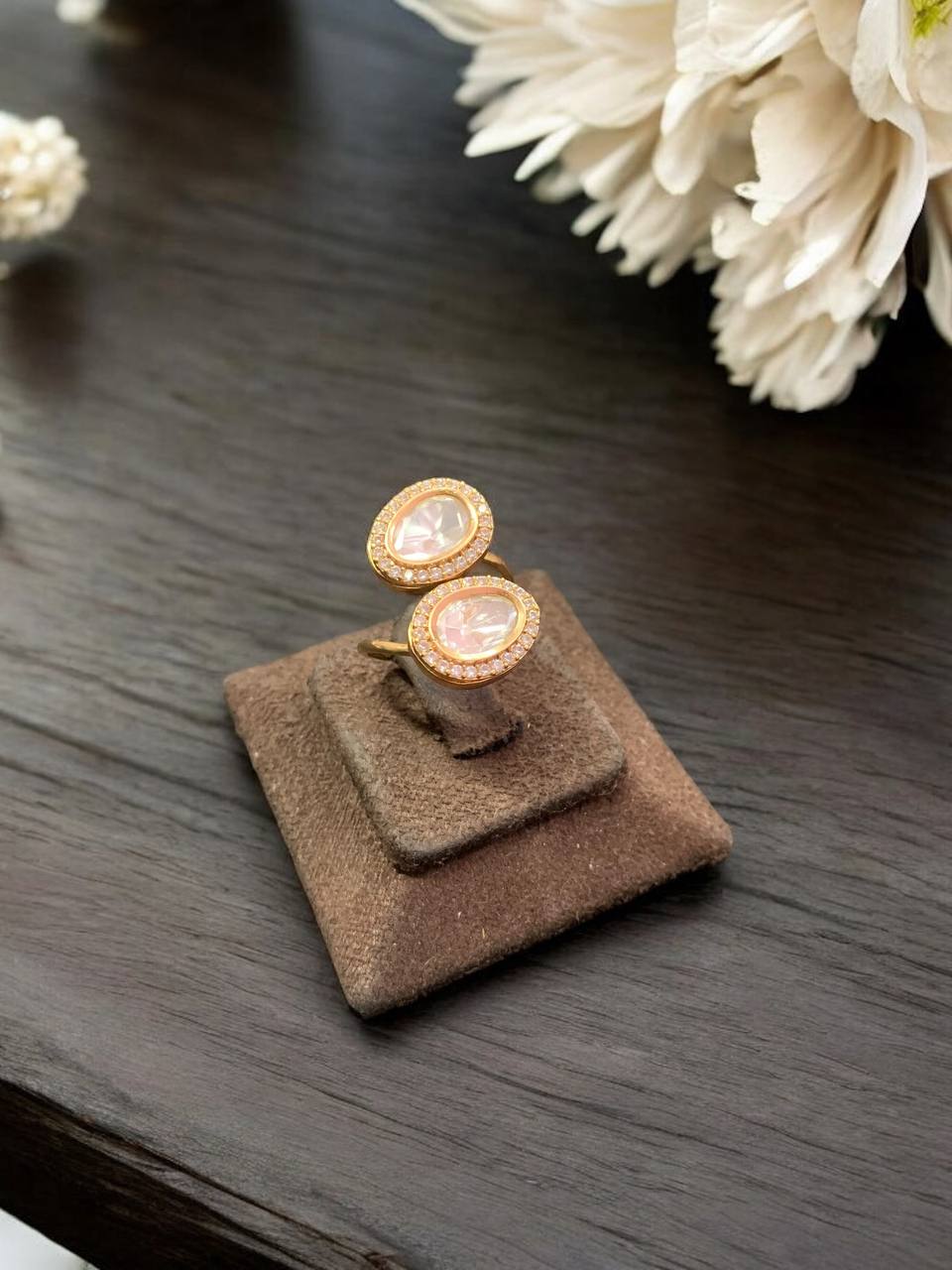 Double Kundan Gold Plated Ring - Adjustable - QUEENS JEWELS