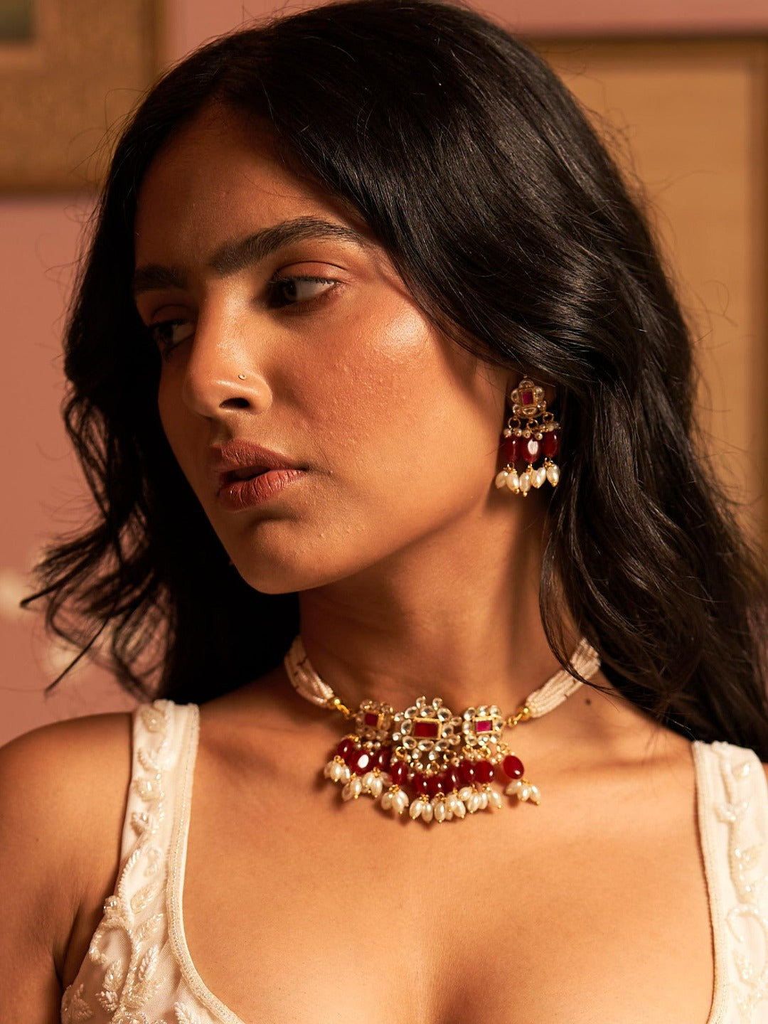 Bridesmaid's Kundan Choker Set With Red Stones And White Beads - QUEENS JEWELS