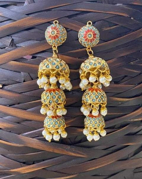 Gold Tone Three Layered (triple layer) Jadau Jhumki Earrings - QUEENS JEWELS