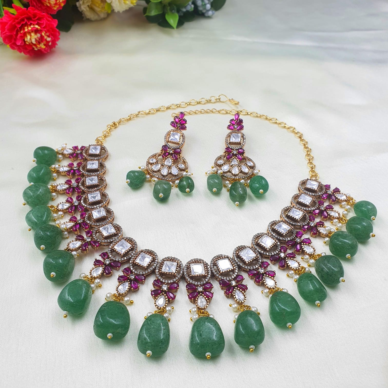 Victorian Style Kundan Necklace & Earring Set with Beryl Stone Drops - QUEENS JEWELS