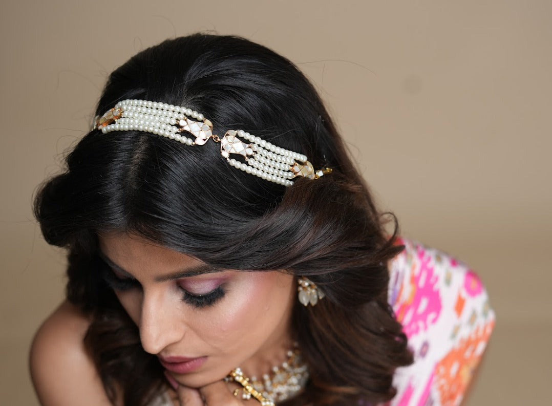 Shell Pearl White Sheeshpatti - Headgear - QUEENS JEWELS