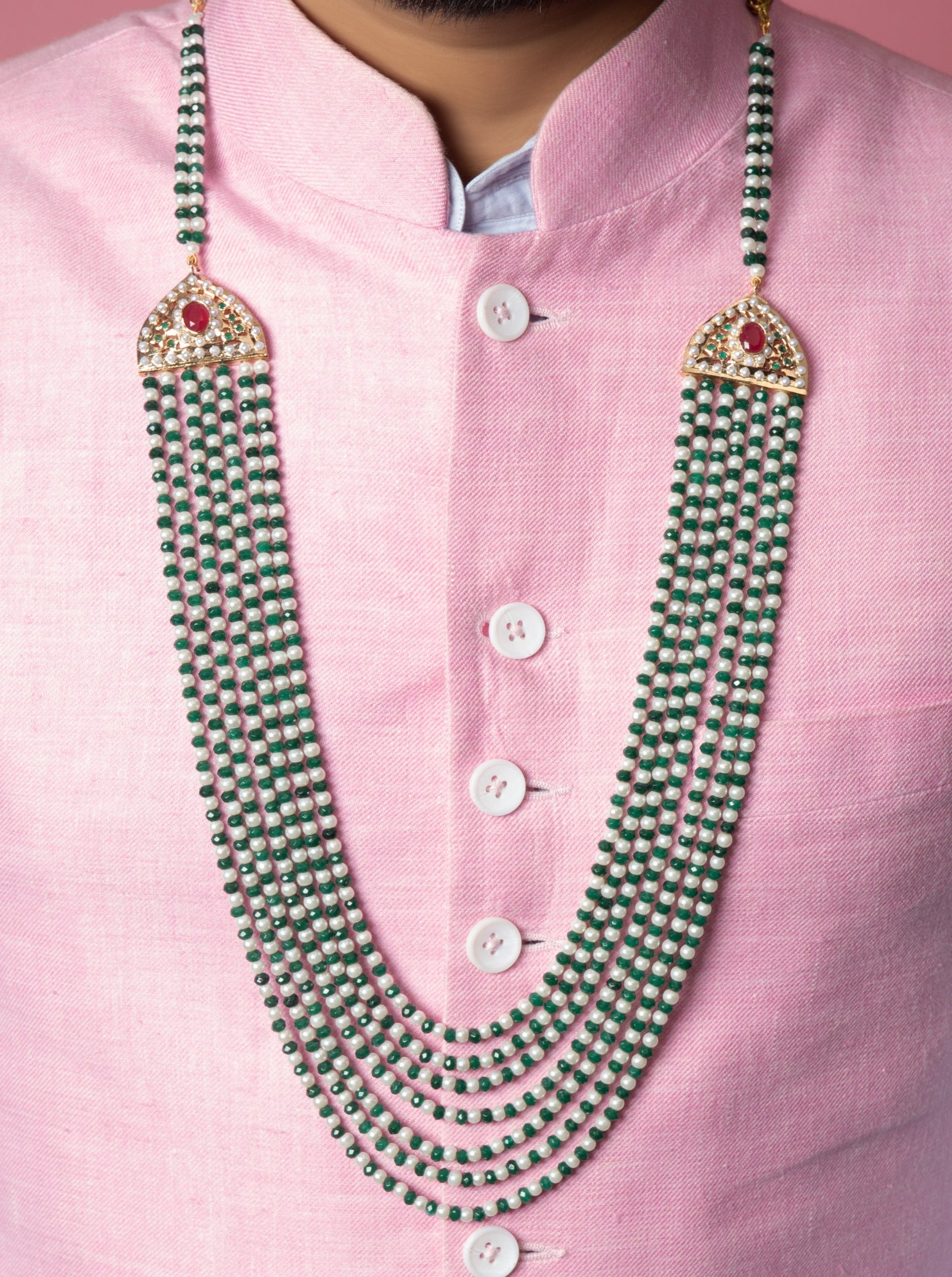 Multi layer Jadau Sherwani Mala - Emerald Green and White - QUEENS JEWELS