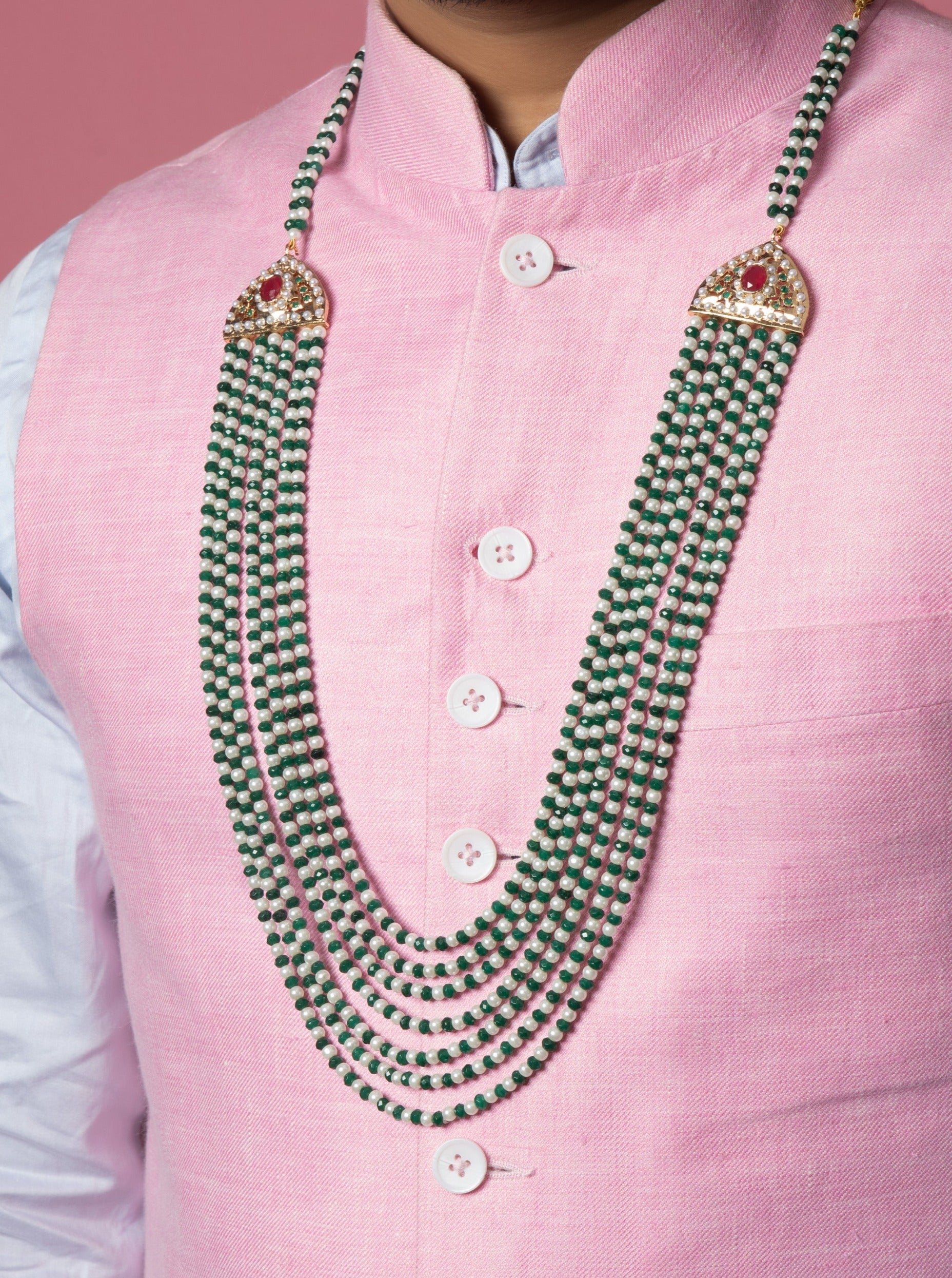 Multi layer Jadau Sherwani Mala - Emerald Green and White - QUEENS JEWELS