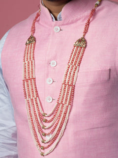 Multi layer Sherwani Mala - Coral and White - QUEENS JEWELS