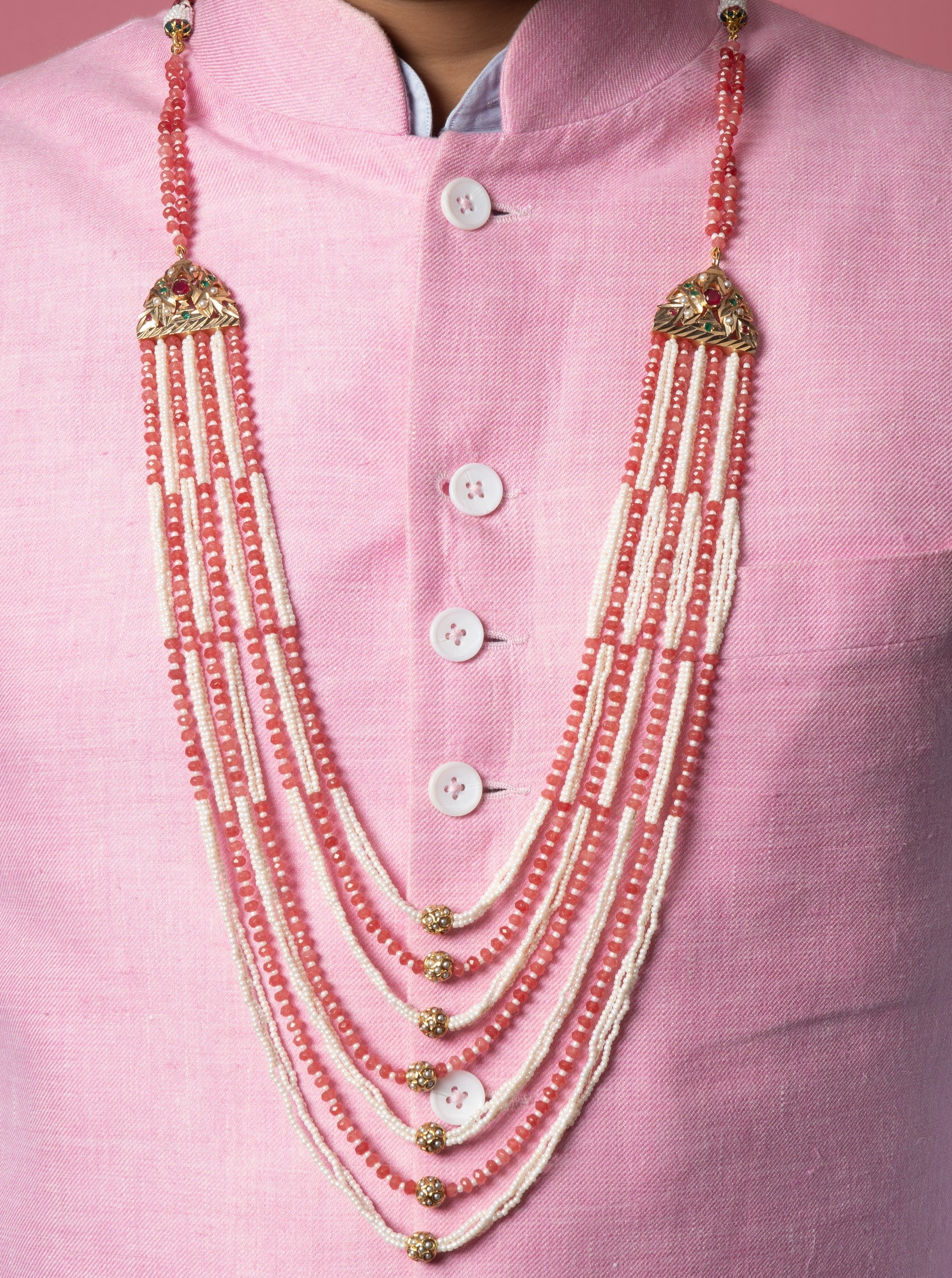 Multi layer Sherwani Mala - Coral and White - QUEENS JEWELS