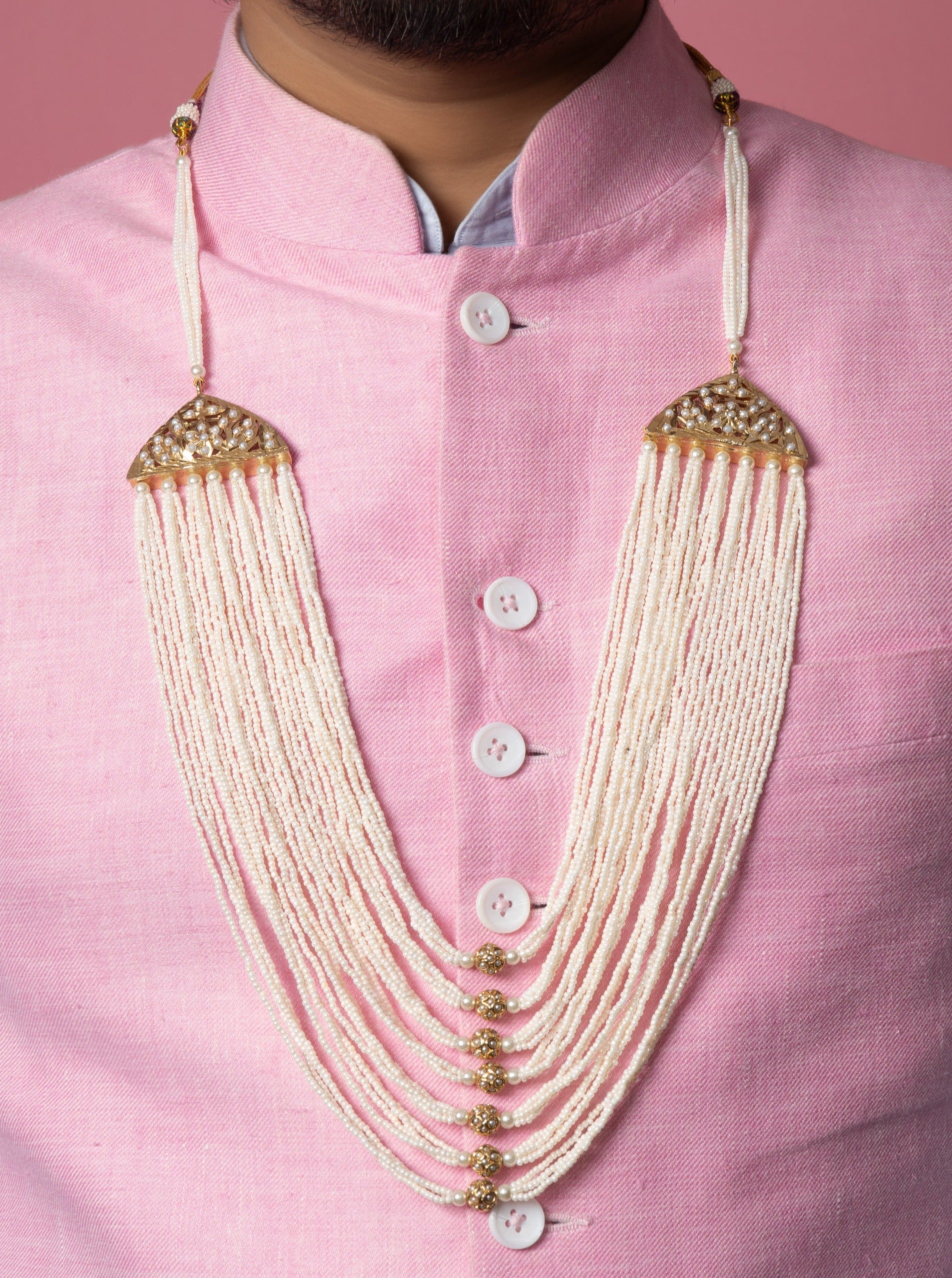 Multi layer Sherwani Mala - White Pearls - QUEENS JEWELS