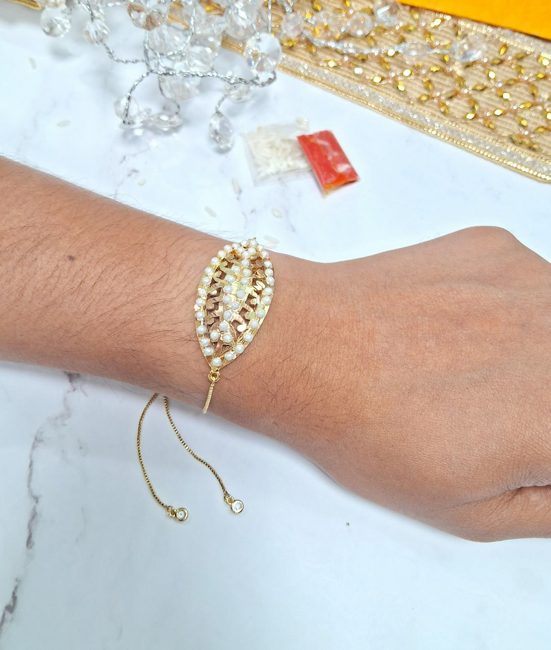 Evileye Look Alike White  Jadau Bracelet Rakhi - QUEENS JEWELS