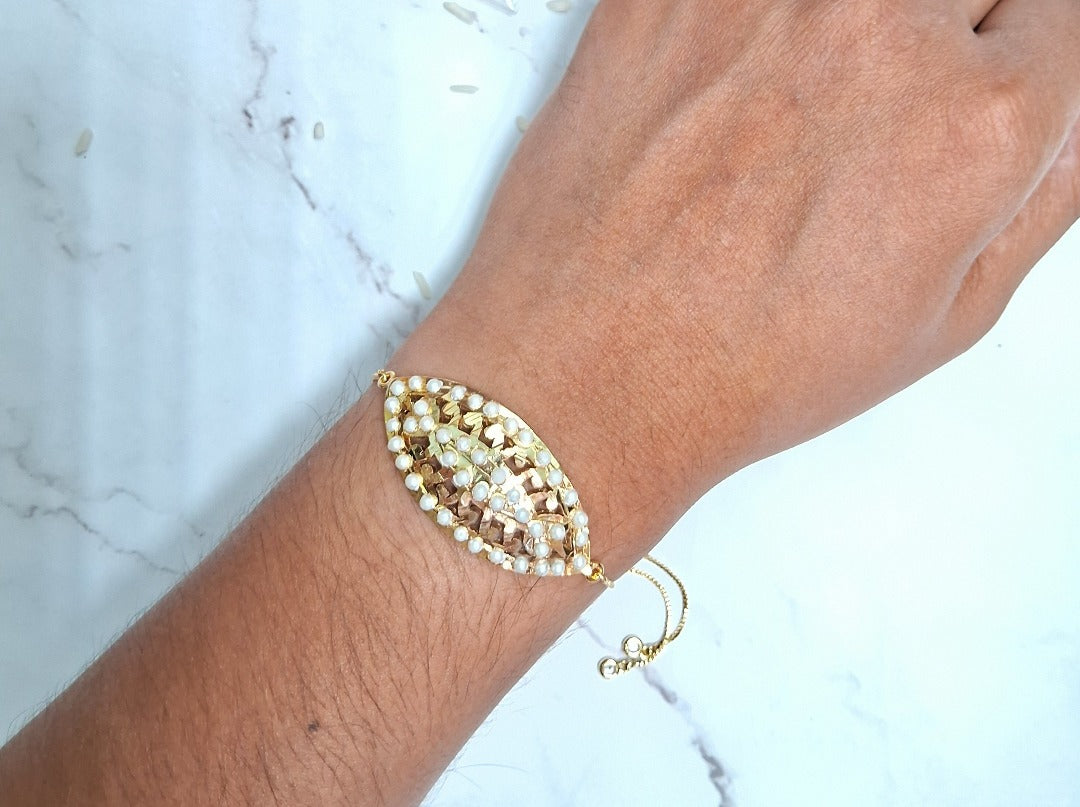 Evileye Look Alike White  Jadau Bracelet Rakhi - QUEENS JEWELS