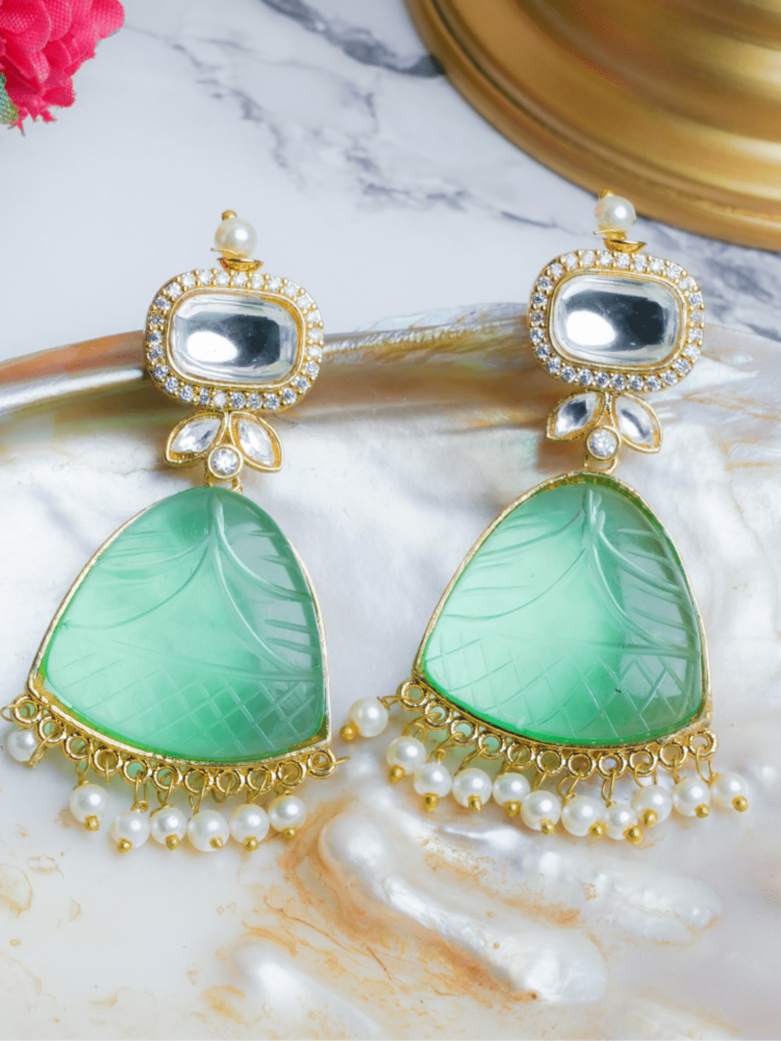 Polki & Carved Stone Danglers - QUEENS JEWELS