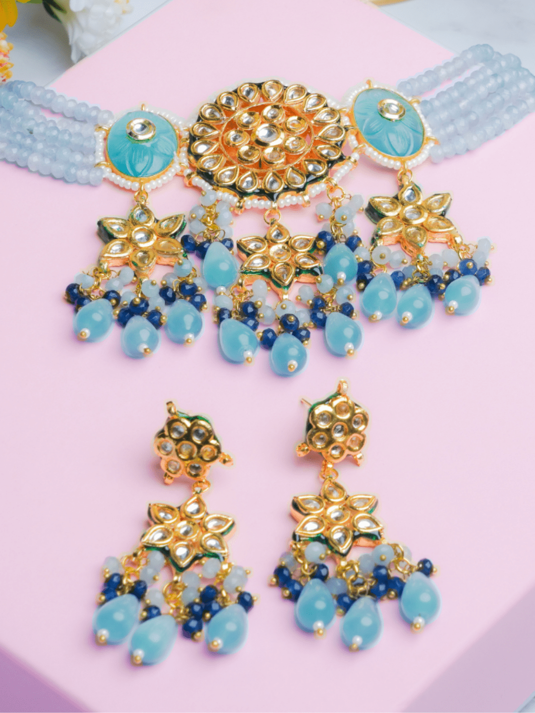 Enamled Kundan Choker Set - QUEENS JEWELS