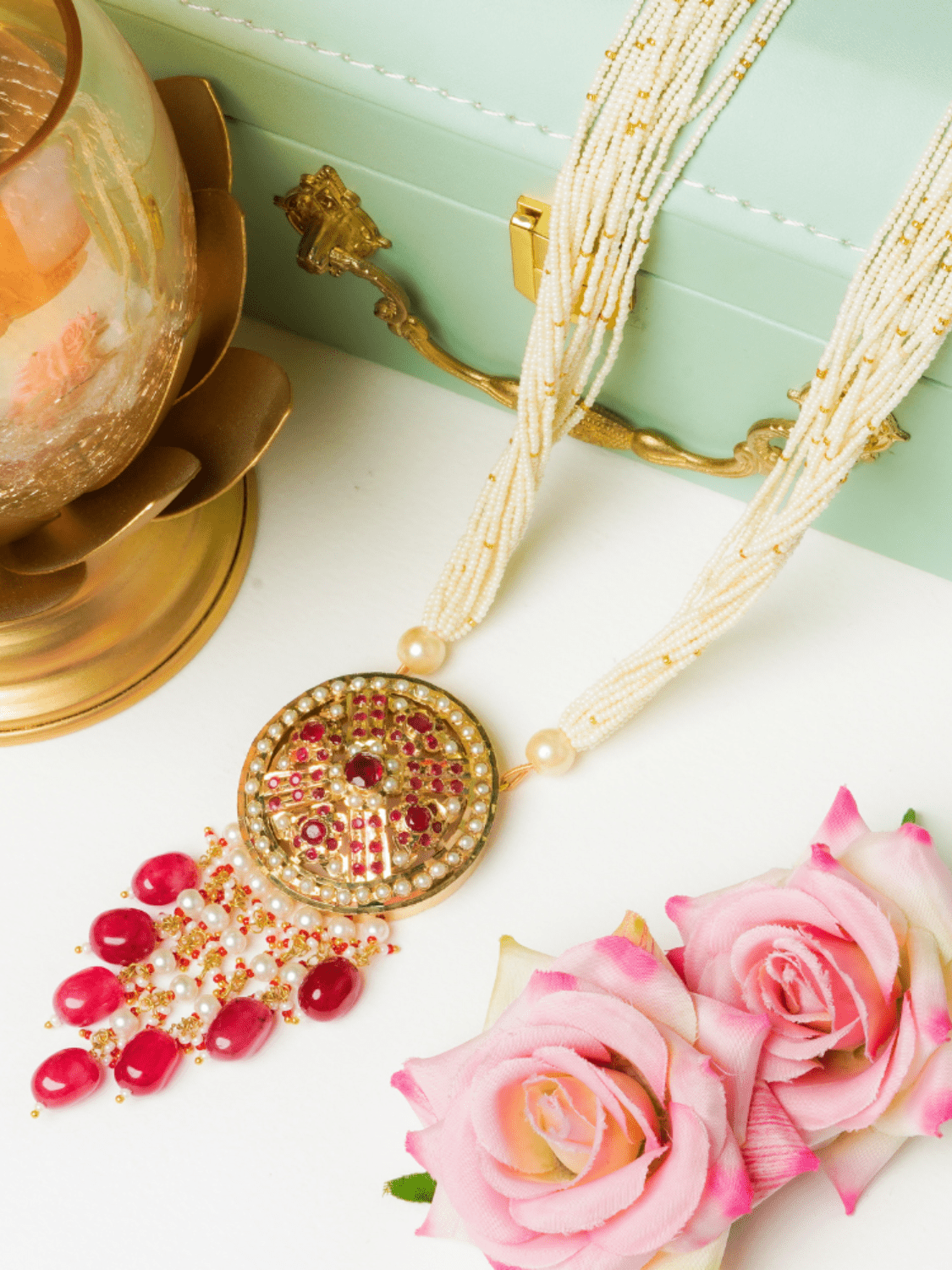 Jadau Round Disc with Stone Drops Pendant Necklace - QUEENS JEWELS