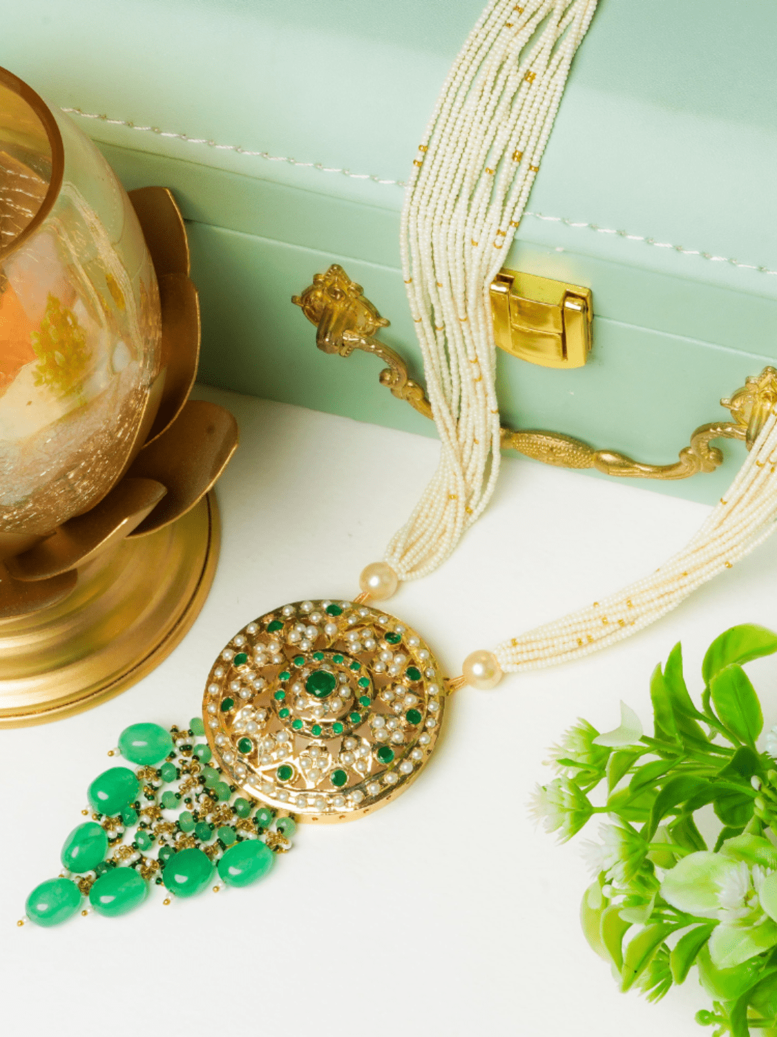 Jadau Round Disc with Stone Drops Pendant Necklace - QUEENS JEWELS