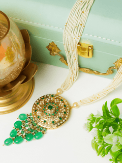 Jadau Round Disc with Stone Drops Pendant Necklace - QUEENS JEWELS