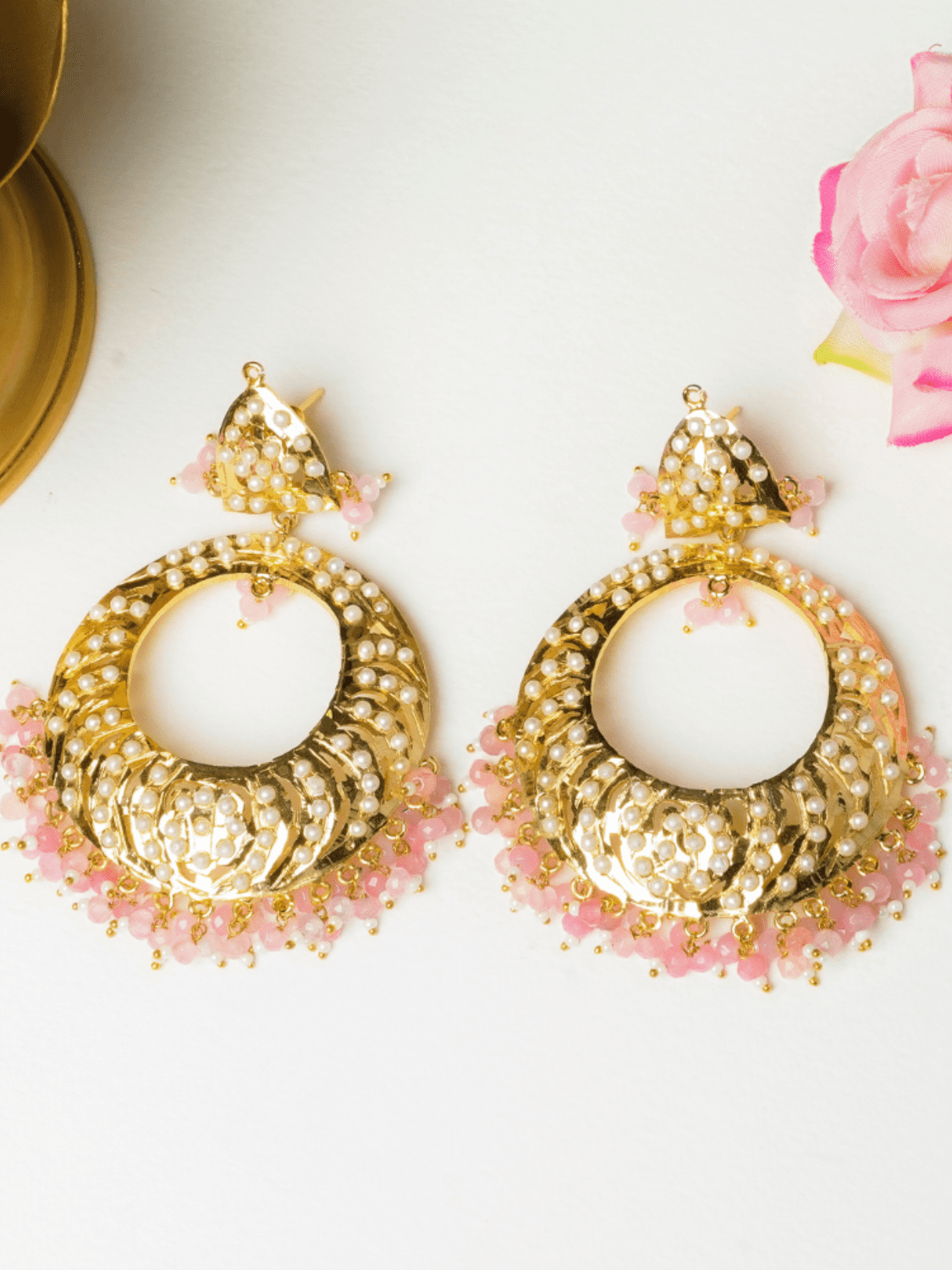 Rose Pink Jadau Chaandbali Earrings - QUEENS JEWELS
