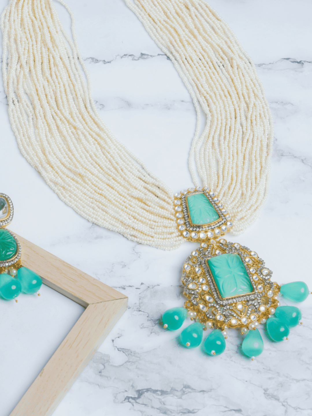 Aqua Kundan Necklace With Earrings - QUEENS JEWELS