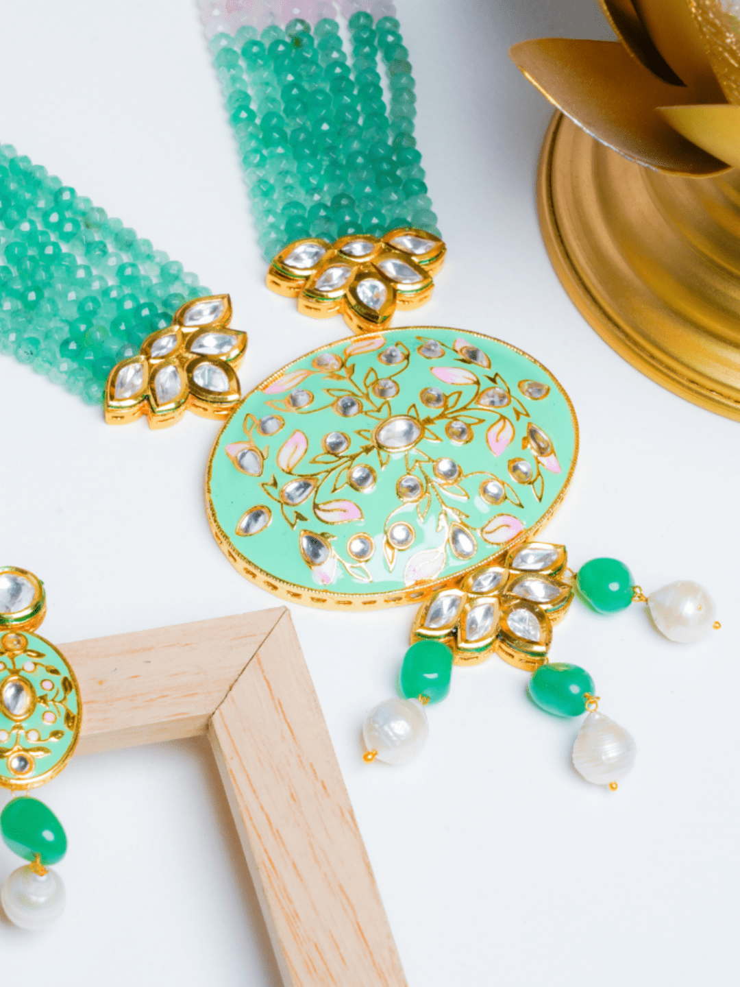 Fusion Meenakari Kundan Set - Mint Green - QUEENS JEWELS