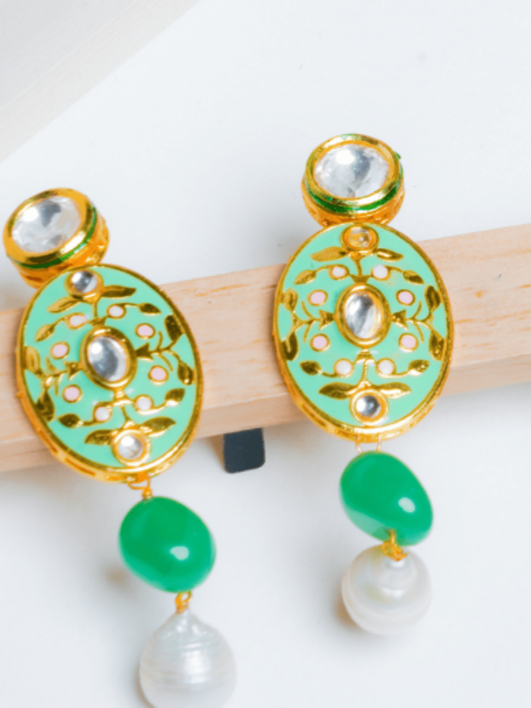 Fusion Meenakari Kundan Set - Mint Green - QUEENS JEWELS