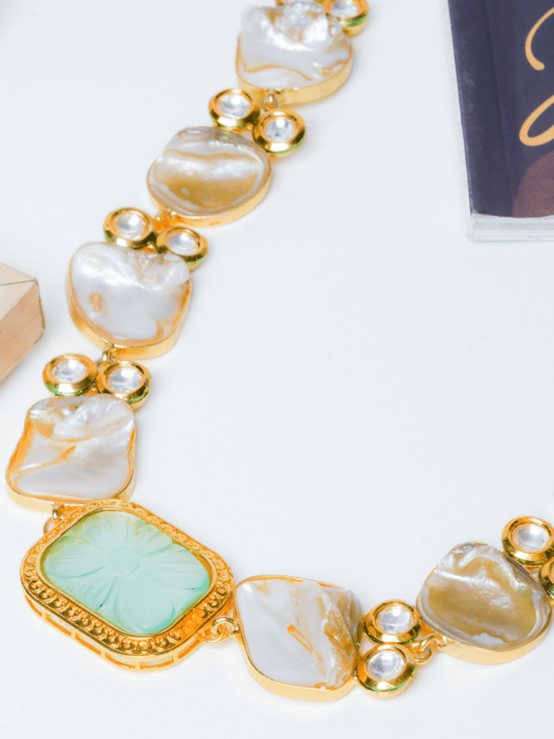 Baroque Pearl Necklace Set with Mint Green Engraved Stone with Studs - QUEENS JEWELS