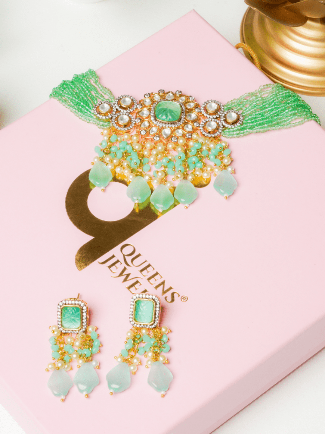 Fern Green Kundan Choker With Earrings - QUEENS JEWELS