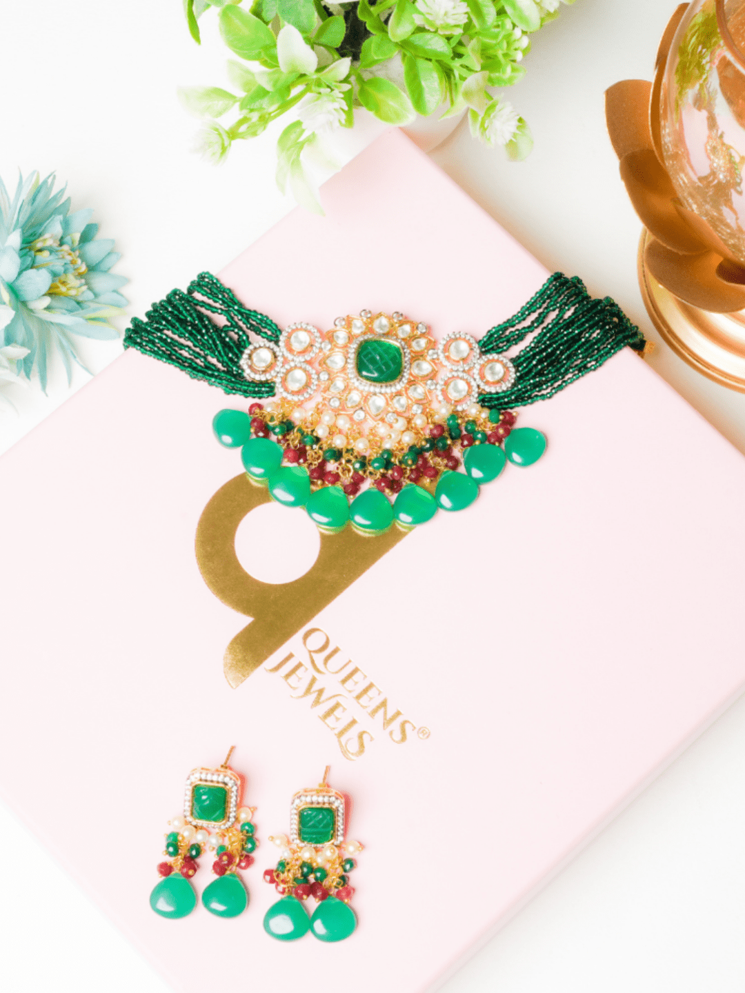 Forest Green Kundan Choker With Earrings - QUEENS JEWELS