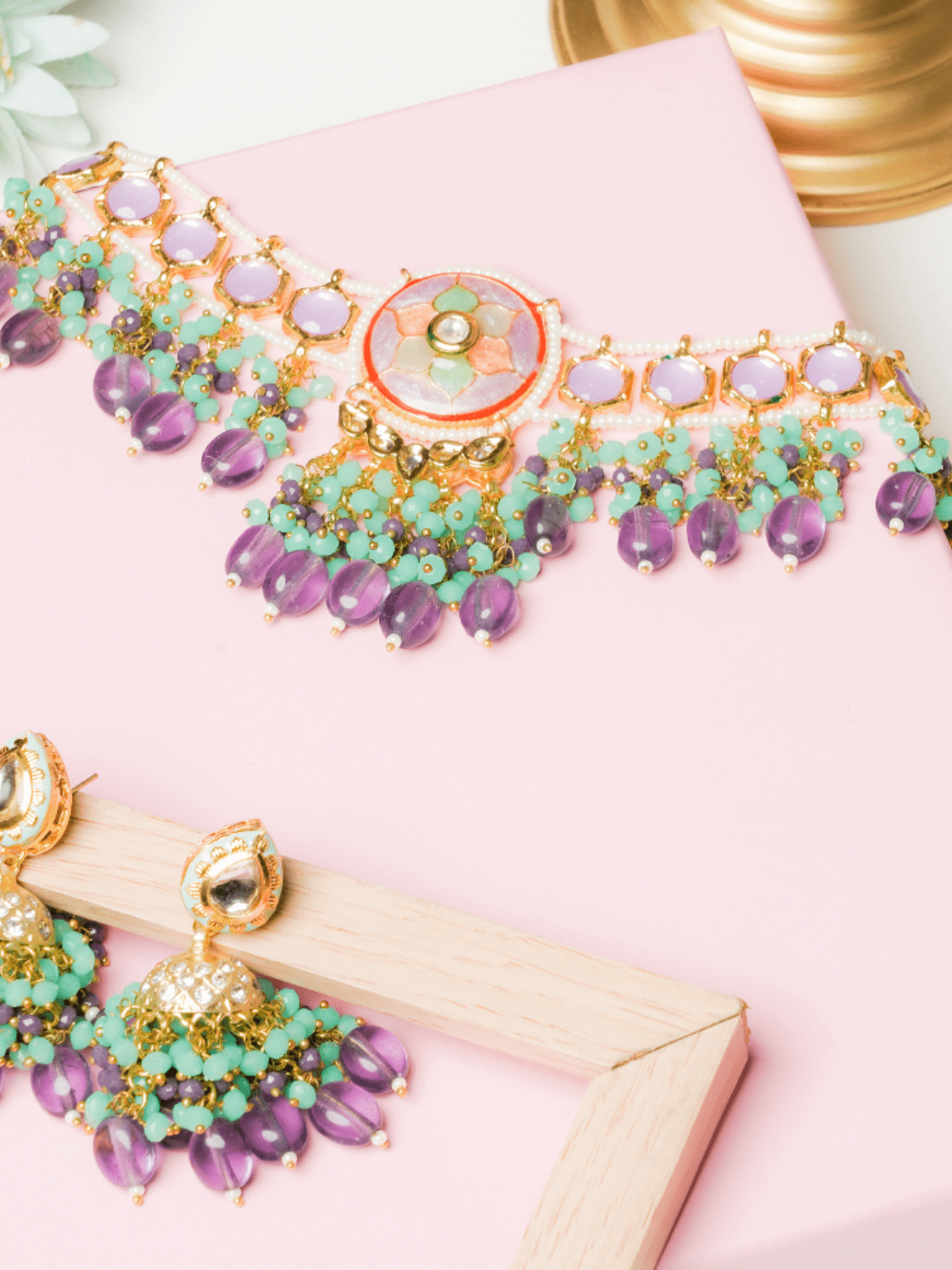 Multicolour Kundan Choker With Earrings - QUEENS JEWELS