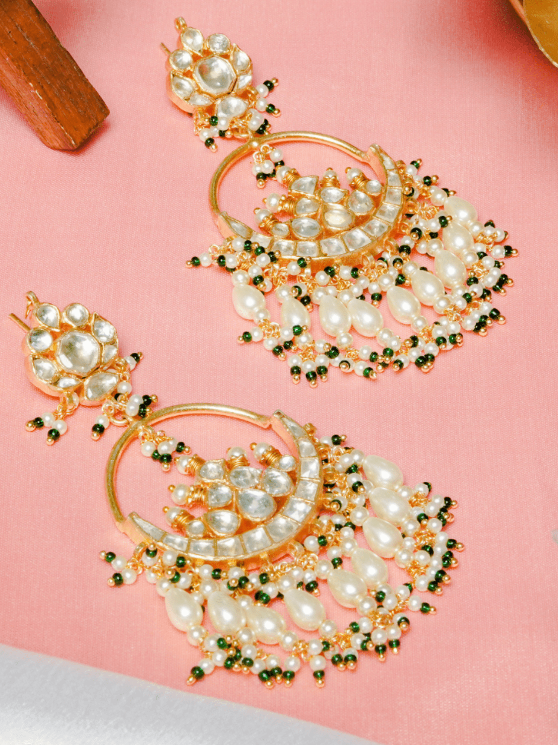 Pearl White & Emerald Kundan Chaandbali Earrings - QUEENS JEWELS