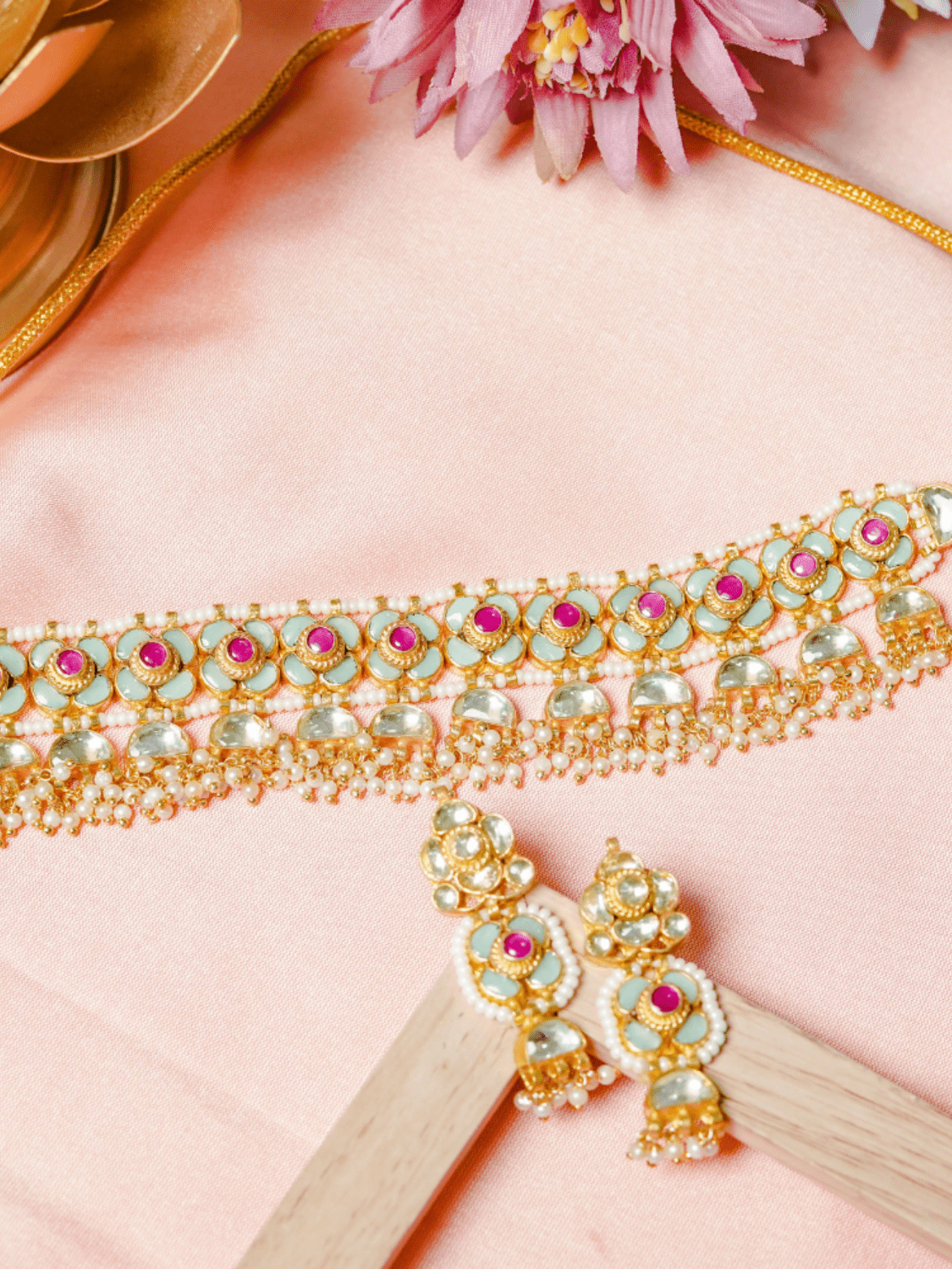 Powder Bue & Magenta Kundan Choker with Earrings (Necklace and Earrings Set) - QUEENS JEWELS