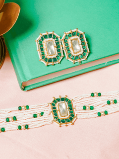 Emerald Green Kundan Choker with Earrings (Necklace and Earrings Set) - QUEENS JEWELS