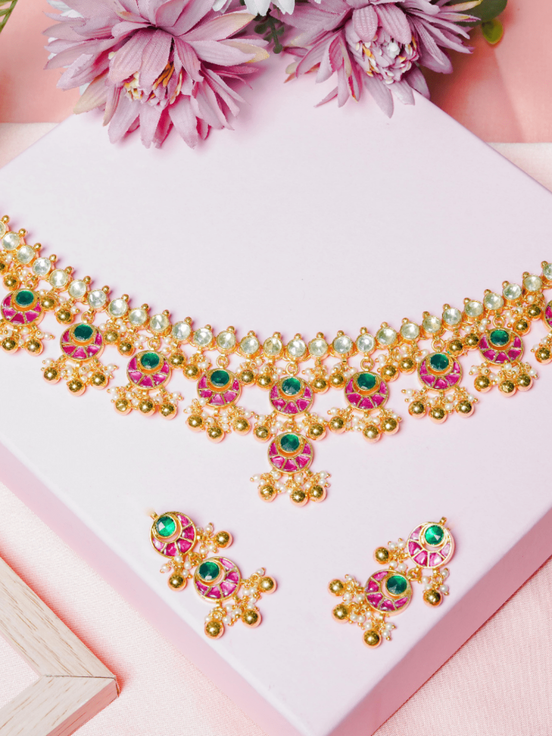 Multi Colour Kundan Necklace and Earrings Set - QUEENS JEWELS