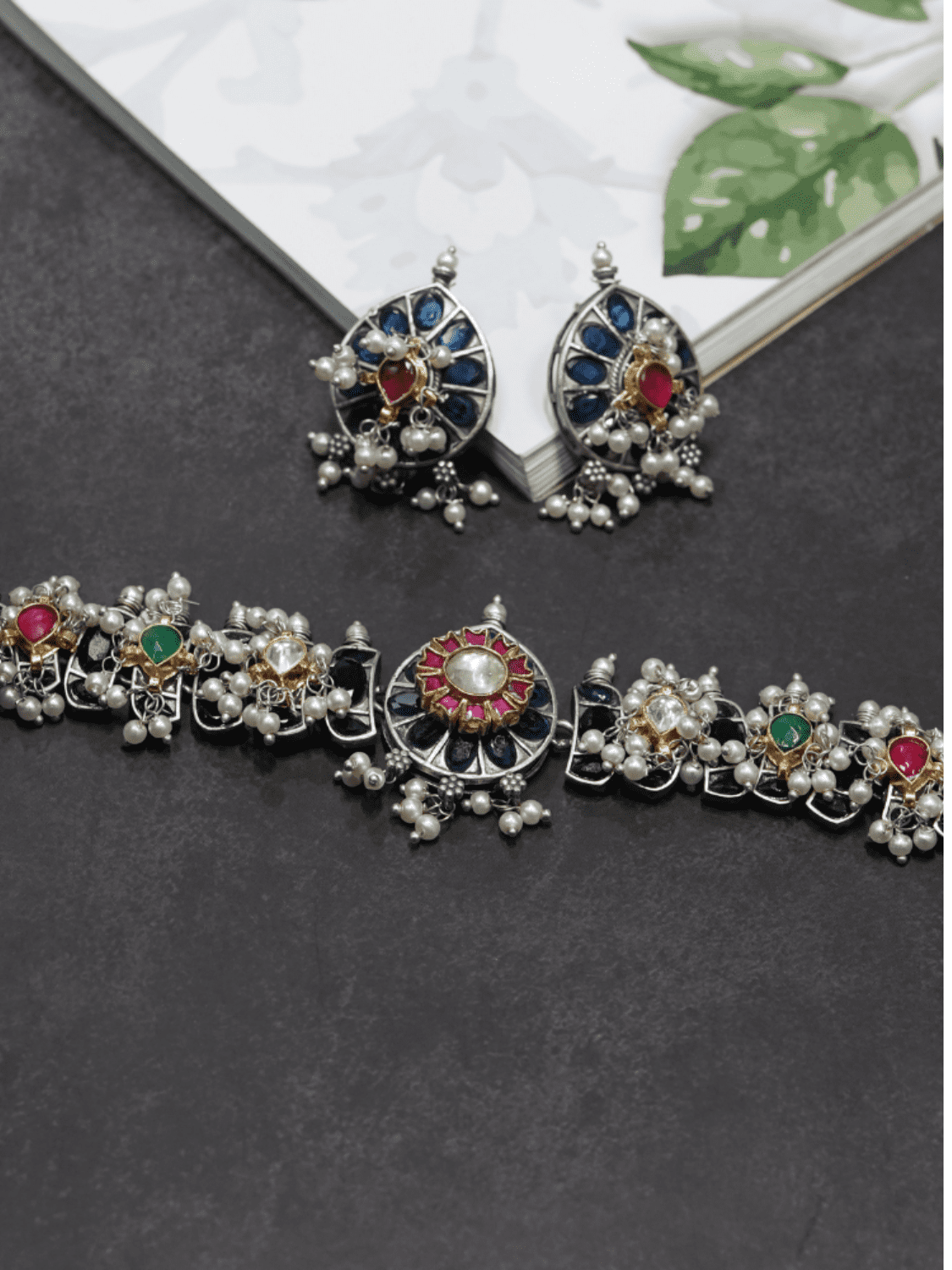 Multicolour Oxidised Choker With Kundan Work - QUEENS JEWELS