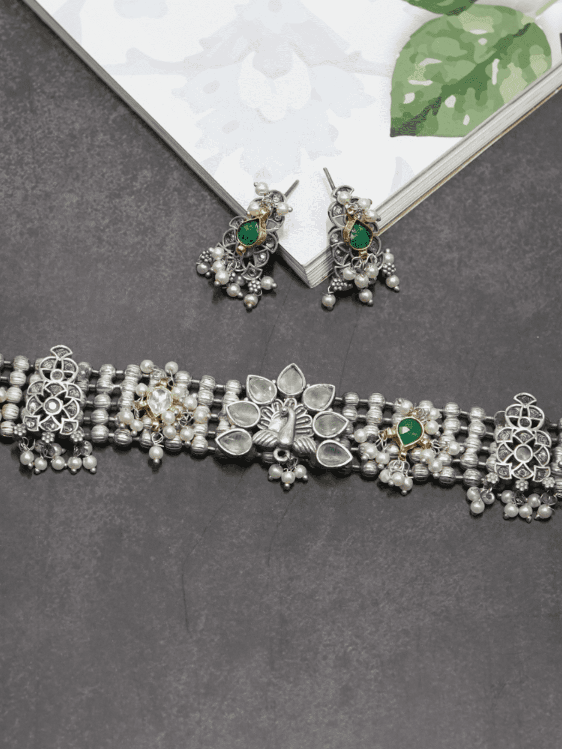 Peacock Oxidised Choker With Kundan Work - QUEENS JEWELS