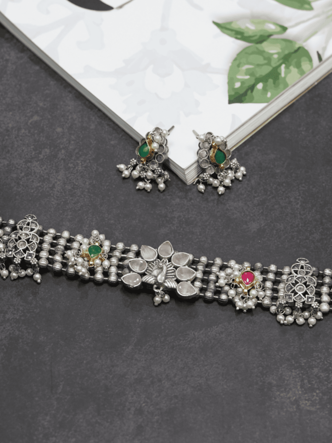 Peacock Oxidised Choker With Kundan Work - QUEENS JEWELS