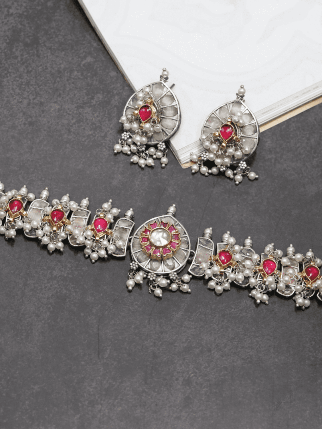 Shades of Pink Oxidised Choker With Kundan Work - QUEENS JEWELS