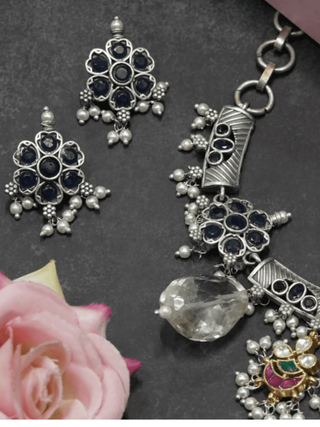 Black Oxidised Choker With Kundan Work - QUEENS JEWELS