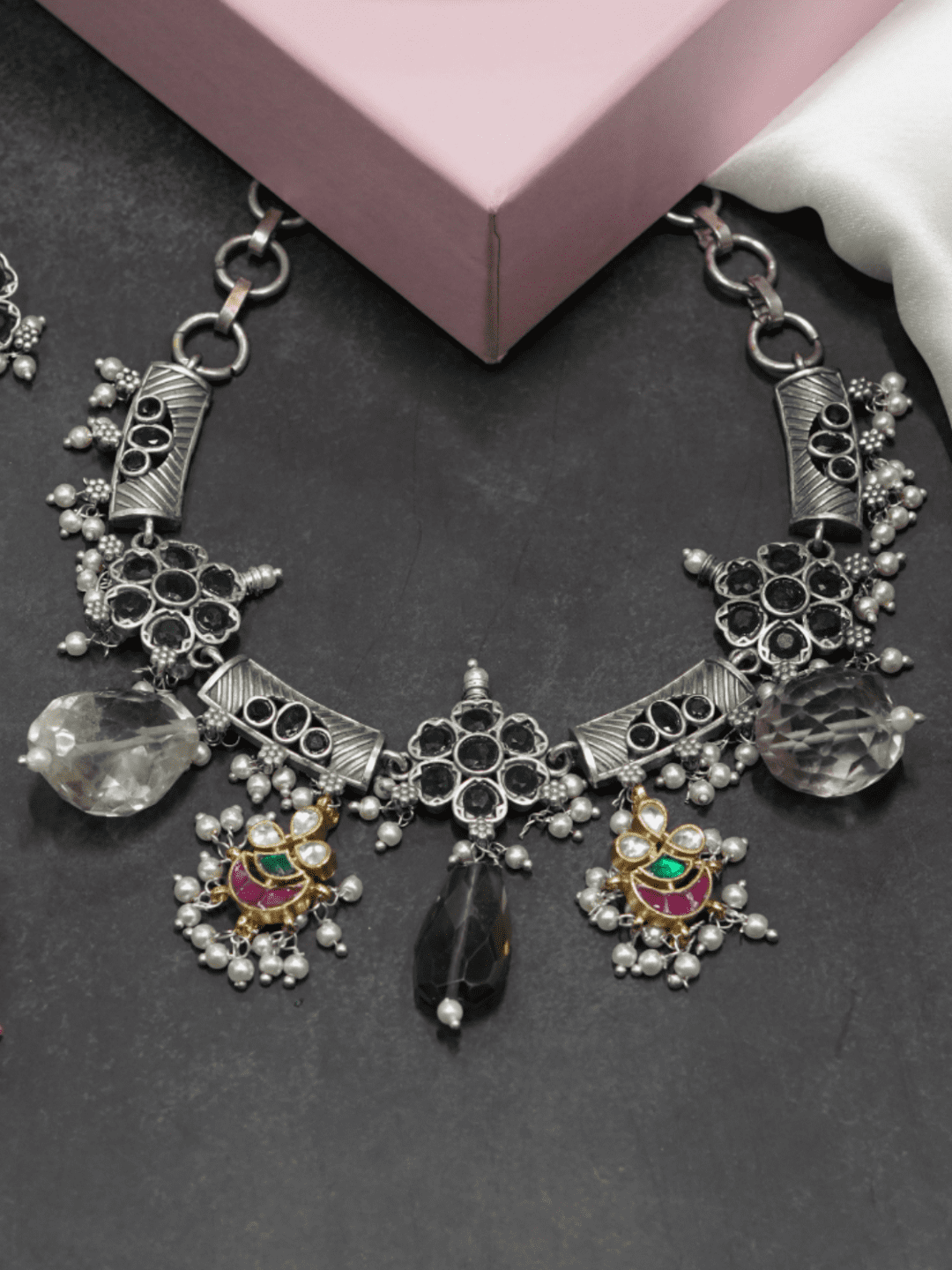 Black Oxidised Choker With Kundan Work - QUEENS JEWELS