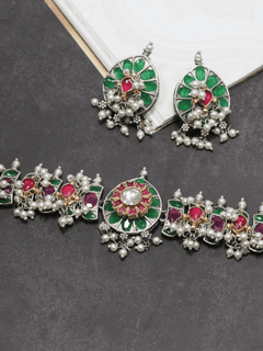 Green Oxidised Choker With Kundan Work - QUEENS JEWELS