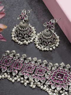 Magenta Floral Oxidised Choker With Kundan Work - QUEENS JEWELS
