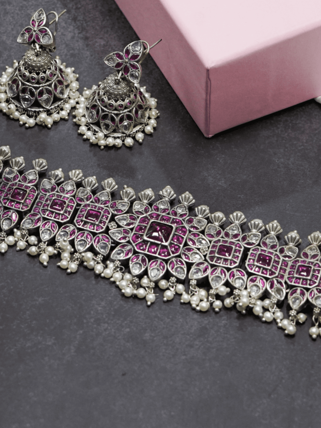 Magenta Floral Oxidised Choker With Kundan Work - QUEENS JEWELS