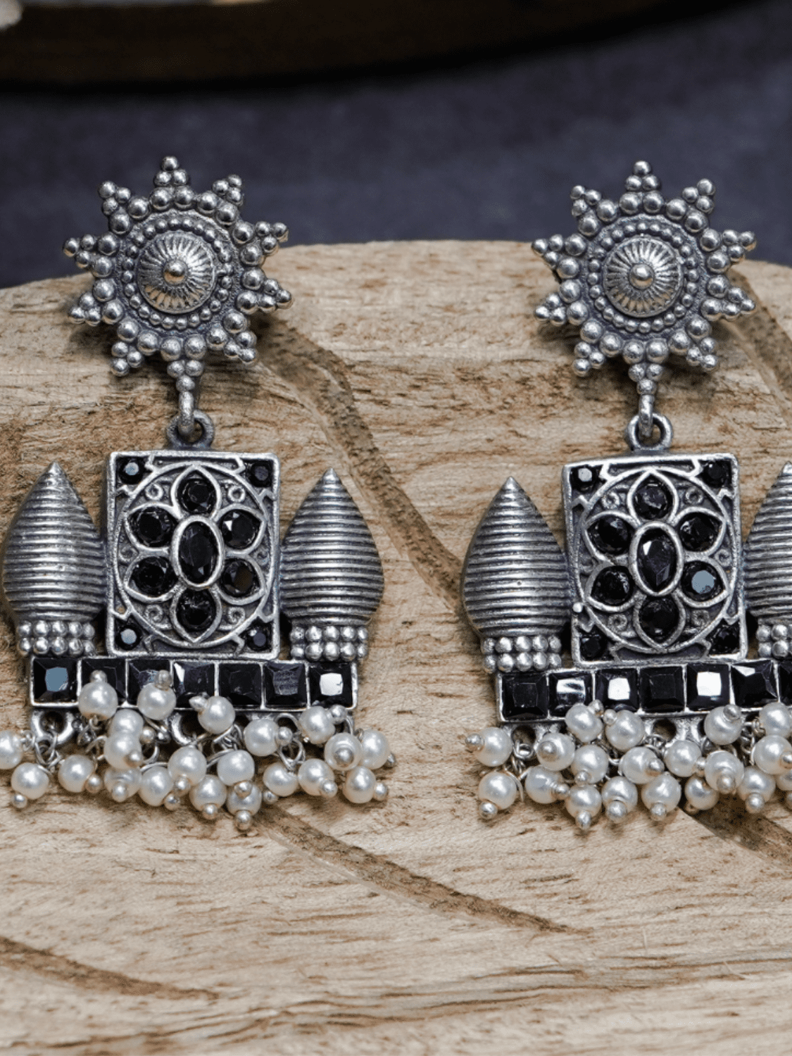Shreeja Noir Oxidised Earrings - QUEENS JEWELS