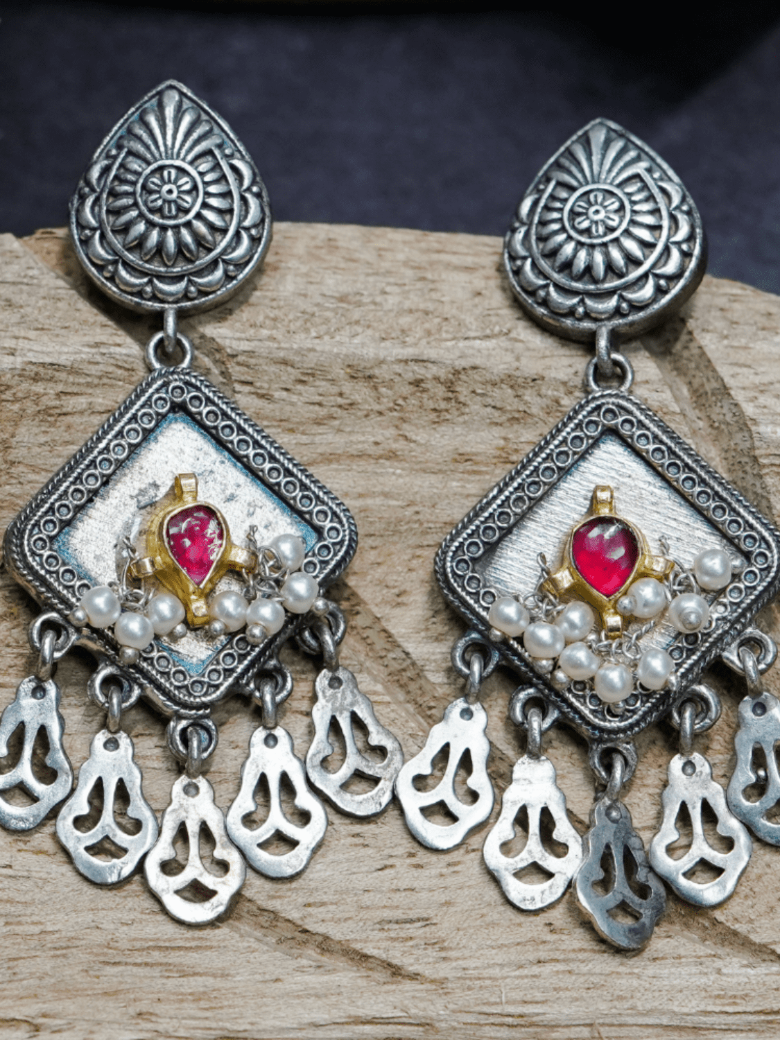 Magenta Oxidised Earrings - QUEENS JEWELS