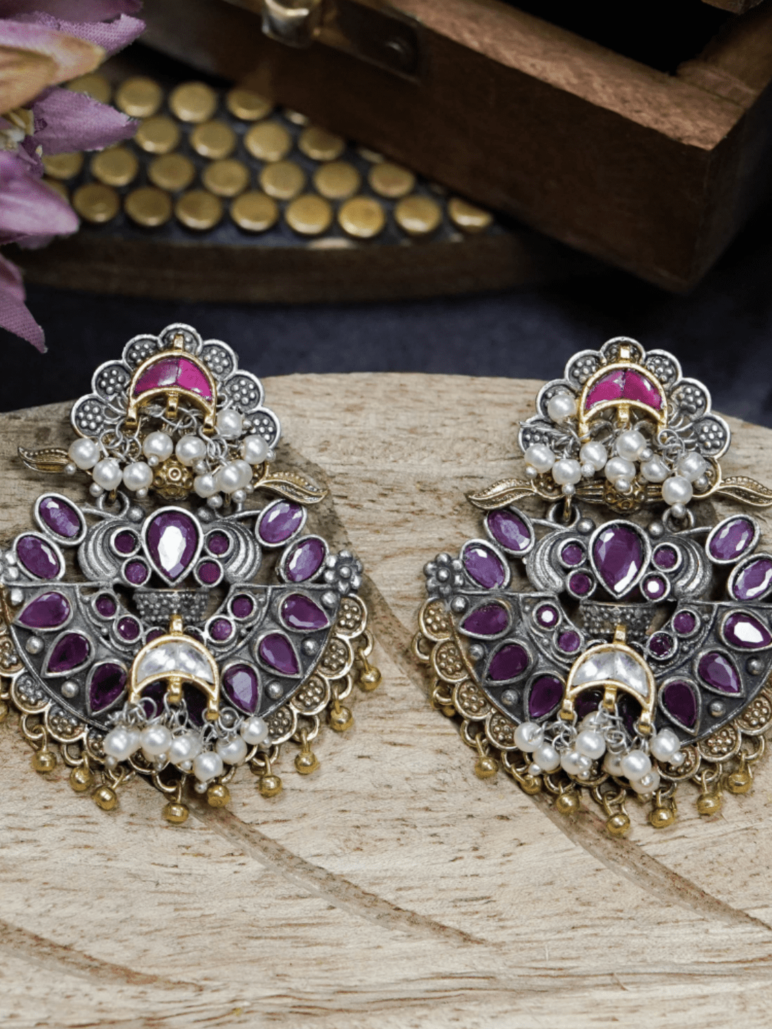 Violet Statement Oxidised Earrings - QUEENS JEWELS