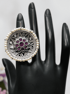 Magenta Floral Oxidised Statement Ring - QUEENS JEWELS